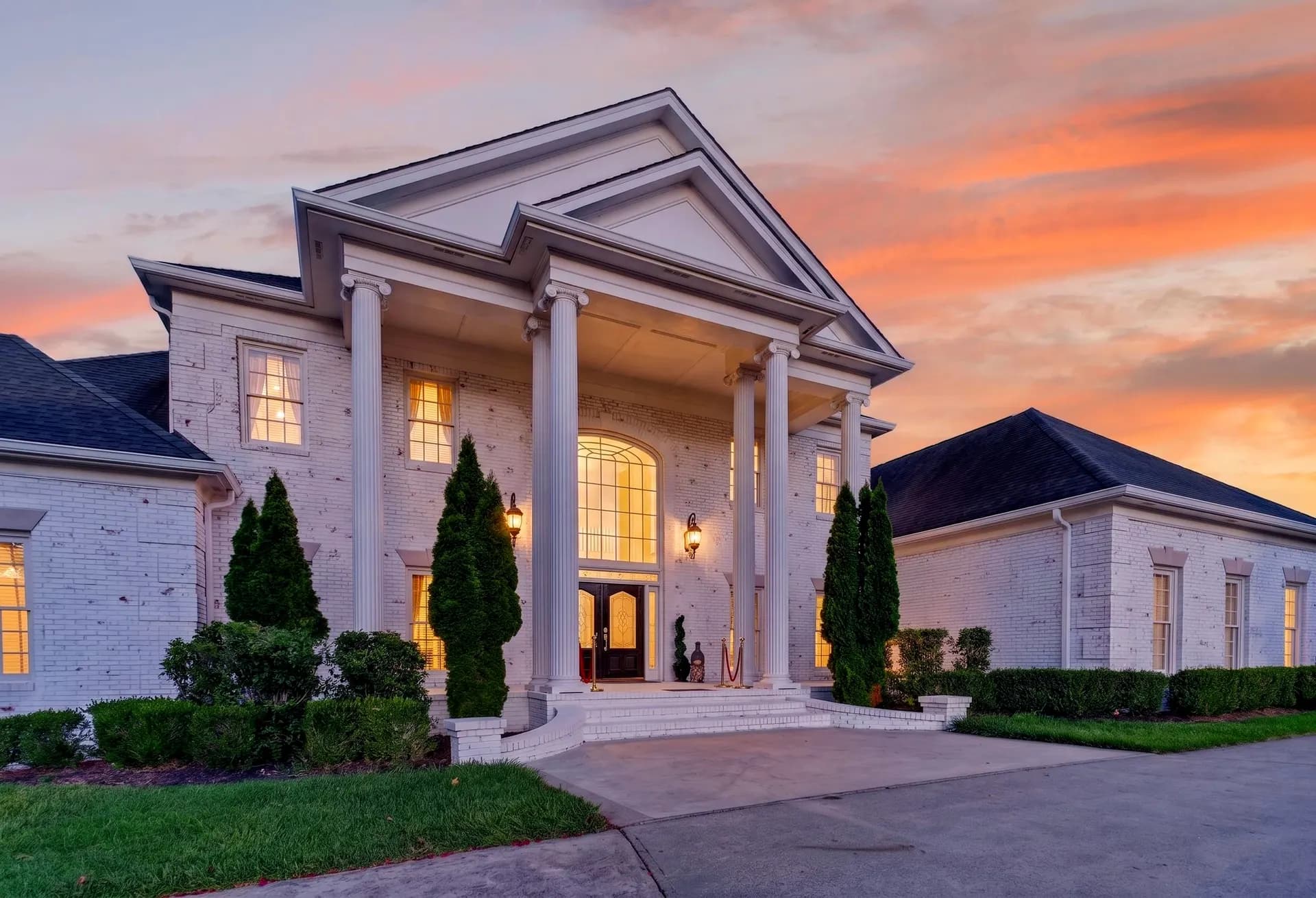 Front entrance twilight at White Fallow Estate