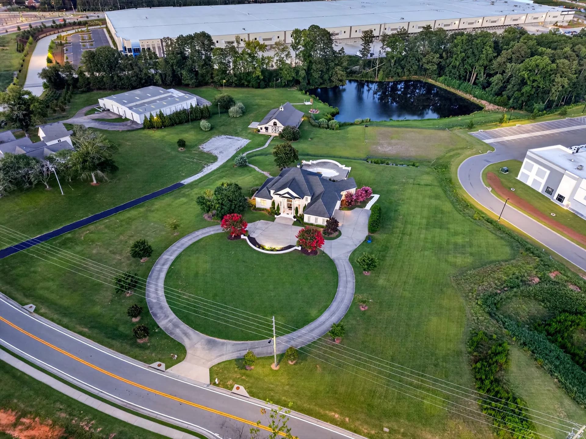 Aerial property pond at White Fallow Estate