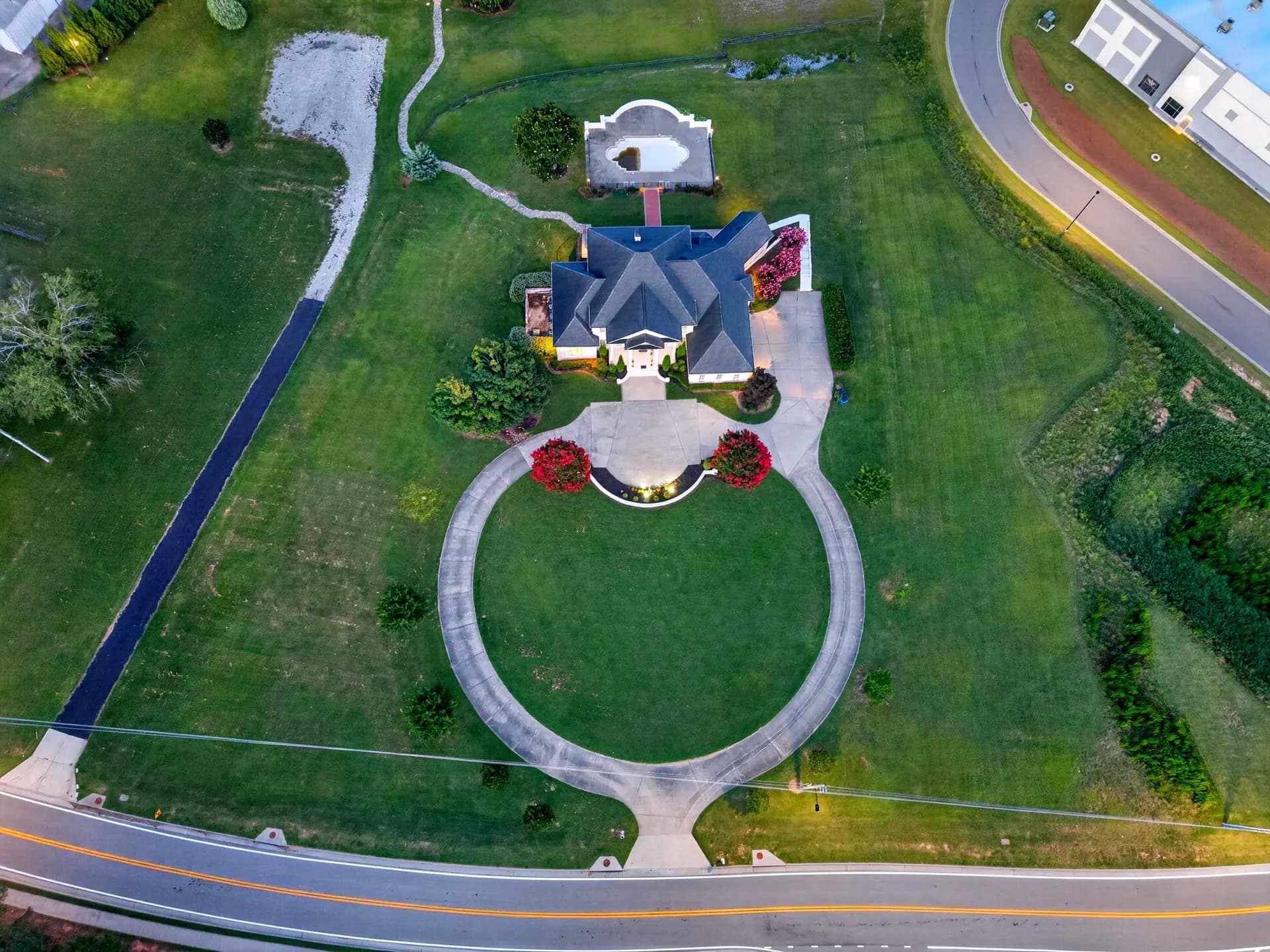 Aerial house circle drive at White Fallow Estate