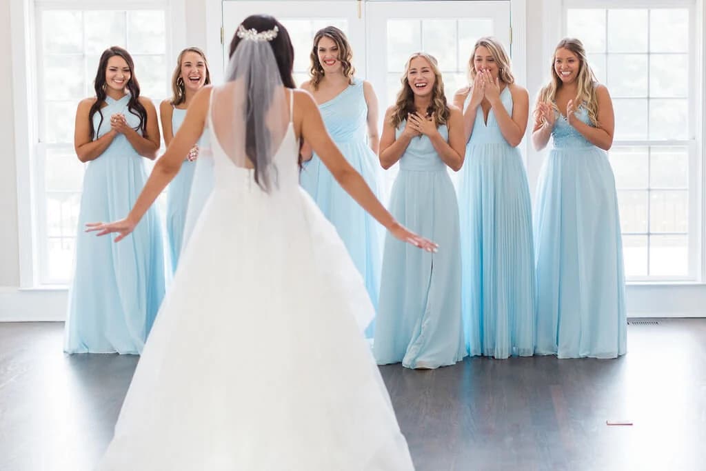 Bride bridesmaids first look at White Fallow Estate