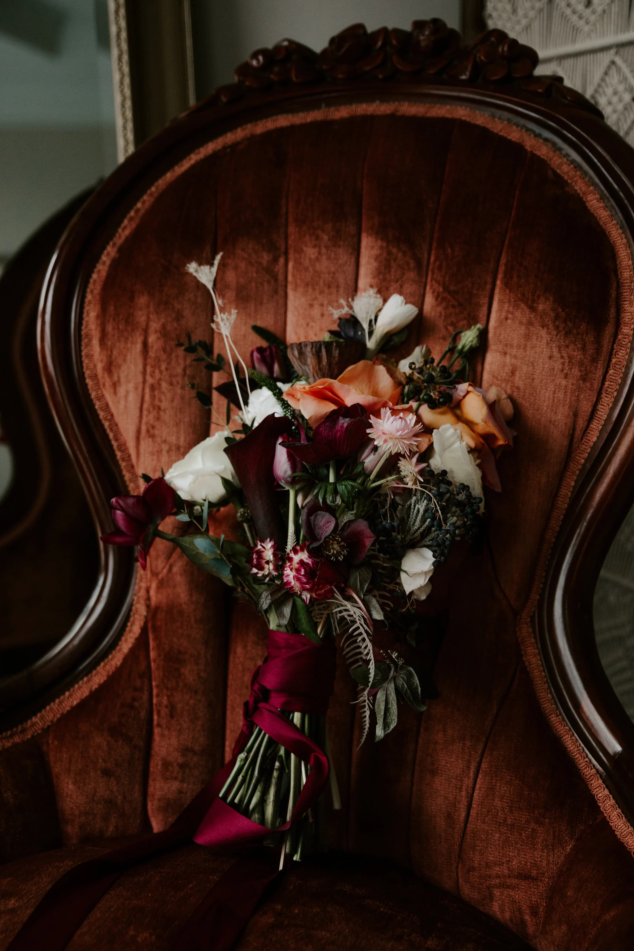 Detail bouquet velvet chair at White Fallow Estate